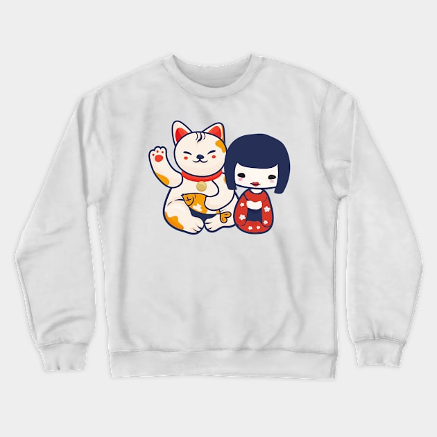 Kokeshi Girl Doll With Maneki Neko Crewneck Sweatshirt by tatadonets